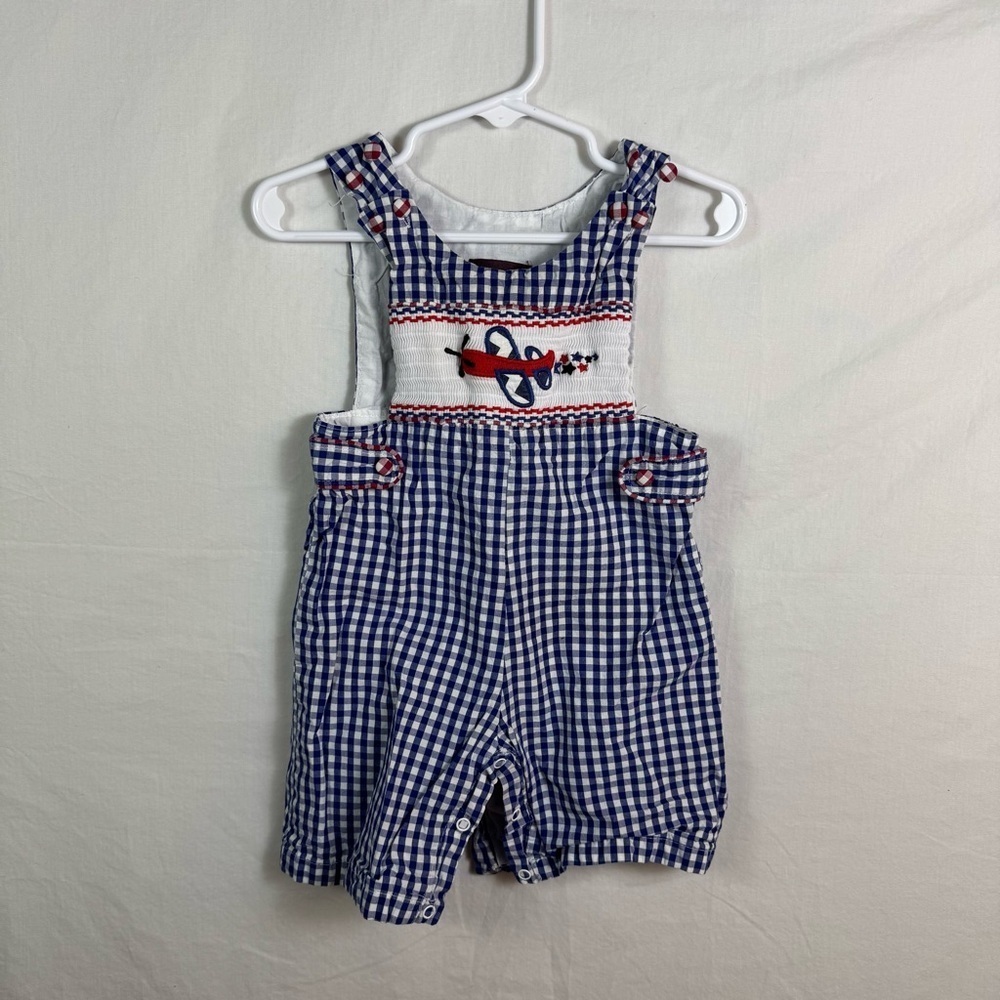 Lil Cactus Blue Plaid Overalls with Airplane Embroidery Boys Size 12-18M